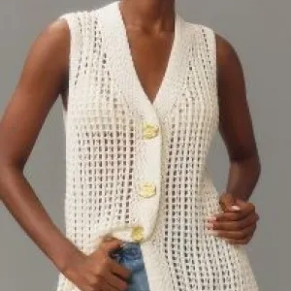 Anthropologie Cream Knit Sleeveless Cardigan